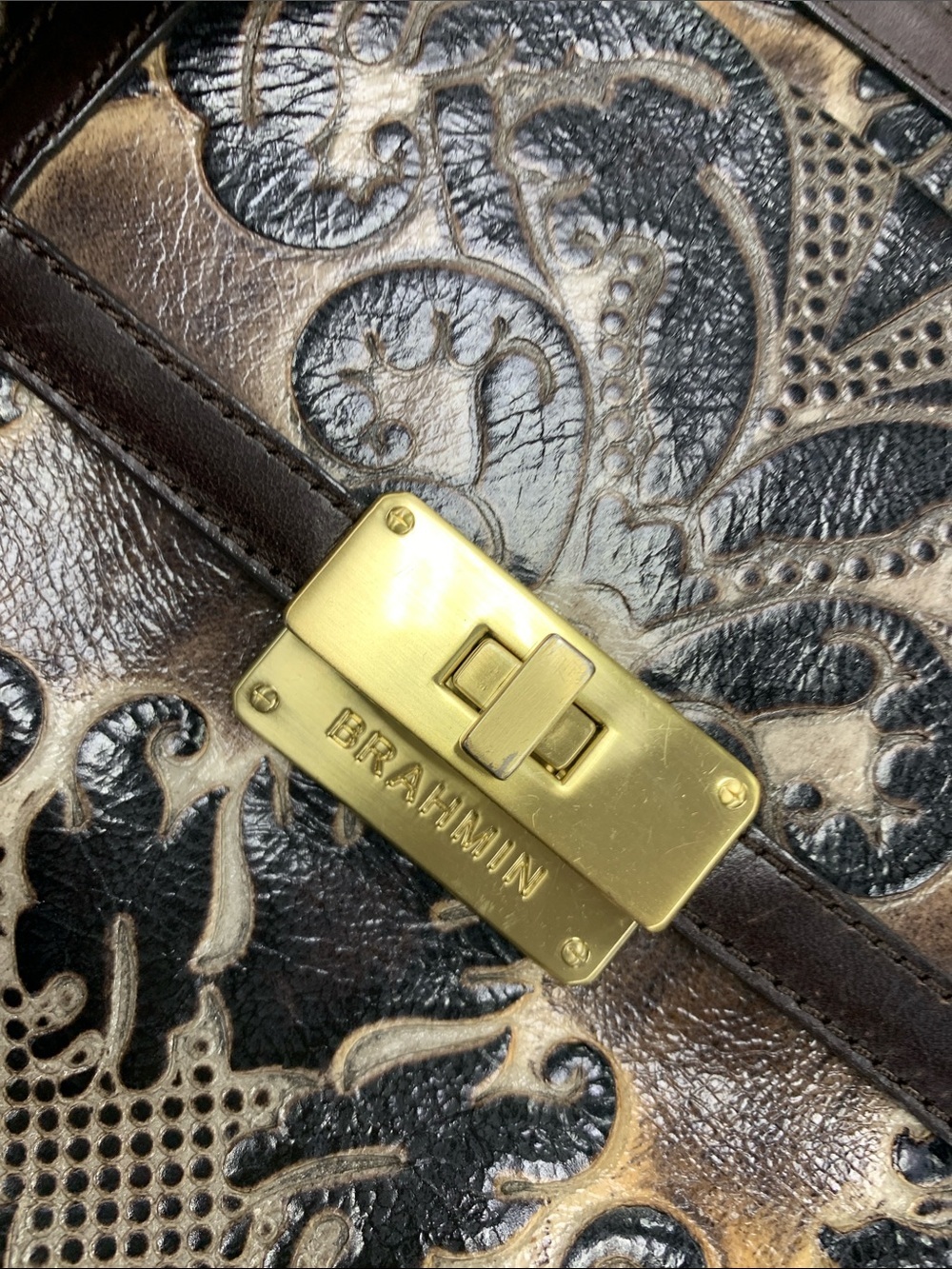 Brahmin Brown and Black Embossed Leather Crossbody with Tassel - Picture 3 of 10